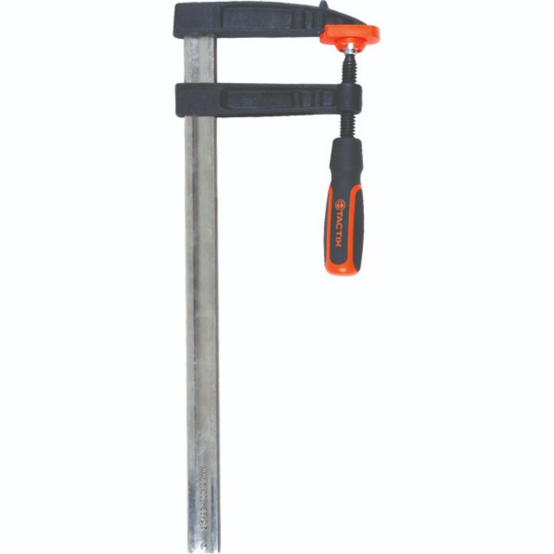 Tactix F-Clamp 400 x 120mm features a heavy-duty cast iron body and non-slip handle for secure, precise clamping in woodworking.