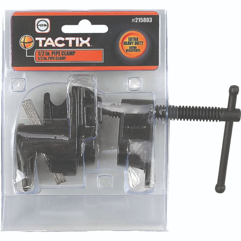 Tactix Clamp Pipe 1/2in securely fastens steel pipes, ensuring stability and ease of installation for plumbing and HVAC projects.