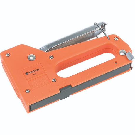 Light-duty Tactix Staple Gun, TUV/GS certified, compatible with 4mm, 6mm, and 8mm staples, ideal for home and craft projects.