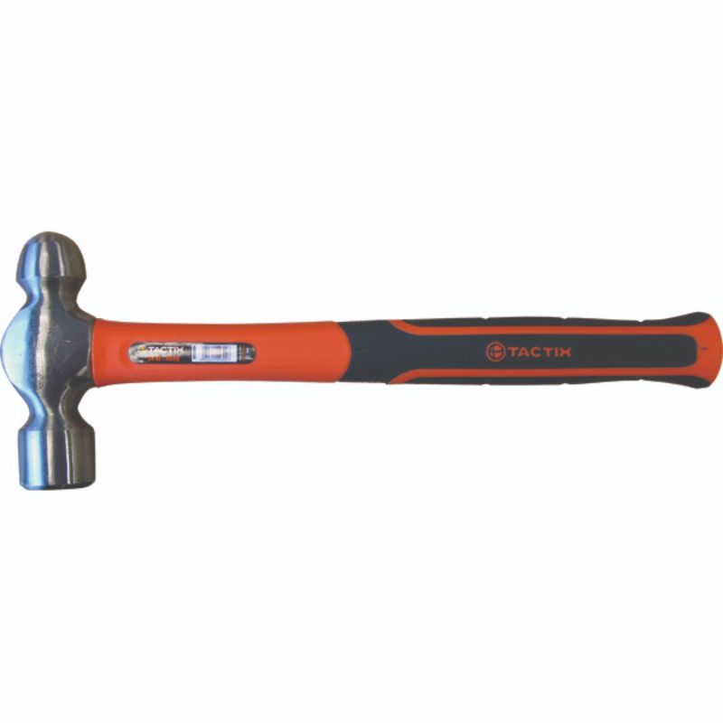 Tactix 24oz fiberglass ball pein hammer with polished head and comfortable non-slip handle, ideal for metalworking tasks.