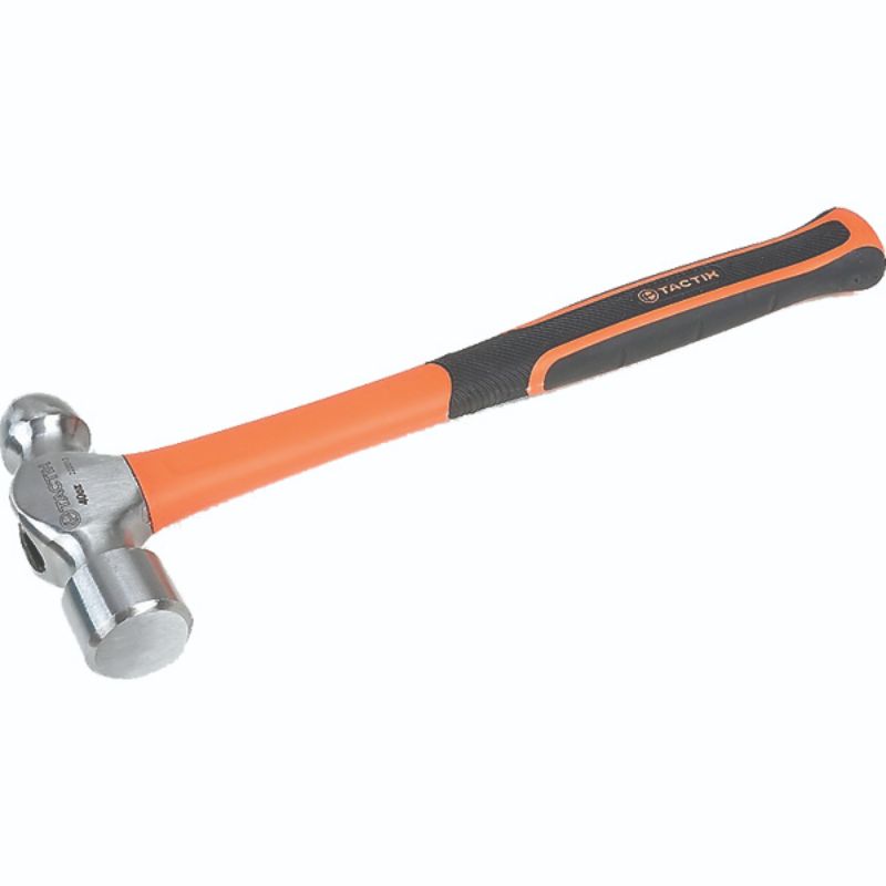 Tactix 40oz Ball Pein Hammer with fiberglass handle, polished forged head for metal shaping and precise applications.