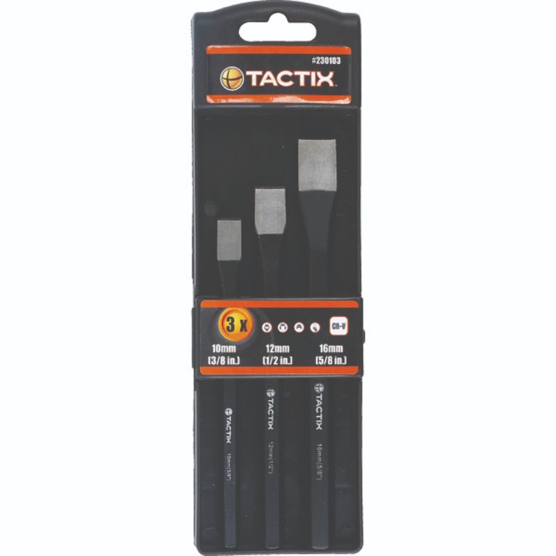 Tactix Cold Chisel 3pc Set featuring durable chrome-vanadium steel chisels in sizes 10mm, 12mm, and 16mm for precision cutting.