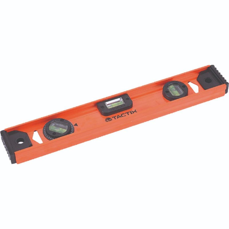 Tactix Level 16in/400mm: durable aluminum frame, features 1 horizontal and 2 vertical vials for precise leveling.