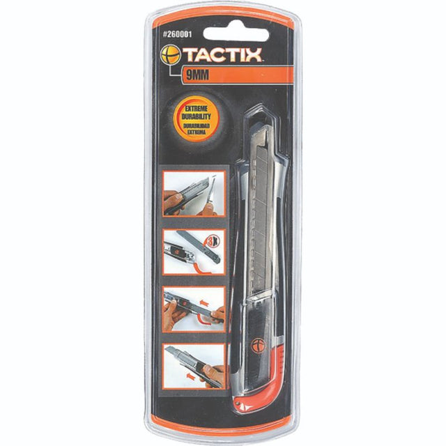 Tactix 9mm snap-off knife with zinc-aluminum handle, non-slip grip, and three SK5 blades for versatile cutting tasks.