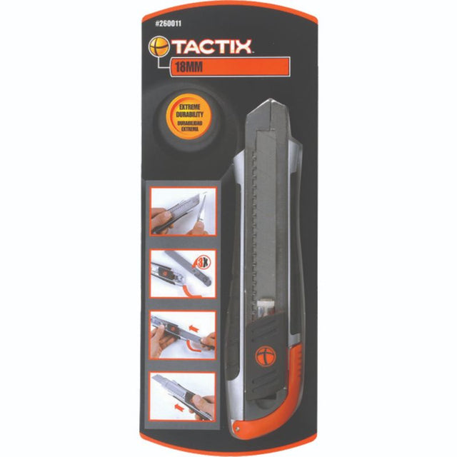 Tactix snap-off knife with 18mm zinc-al alloy body, non-slip grip, and three replaceable SK5 blades for precision cutting.