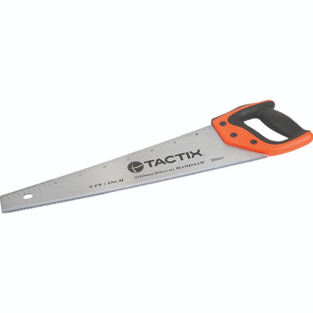 Tactix 500mm polished hand saw with SK5 steel blade, non-slip handle, and precise metric/SAE scale for efficient cutting.