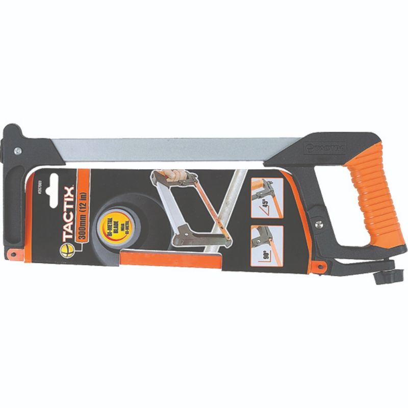 Heavy-duty Tactix hacksaw frame with ergonomic handle, 300mm size, and bi-metal blade for cutting metal, plastic, and wood.