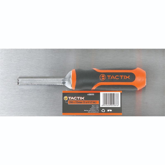 Tactix Smooth Finishing Trowel 280 x 115mm with ergonomic handle, polished for flawless plaster and drywall finishes.