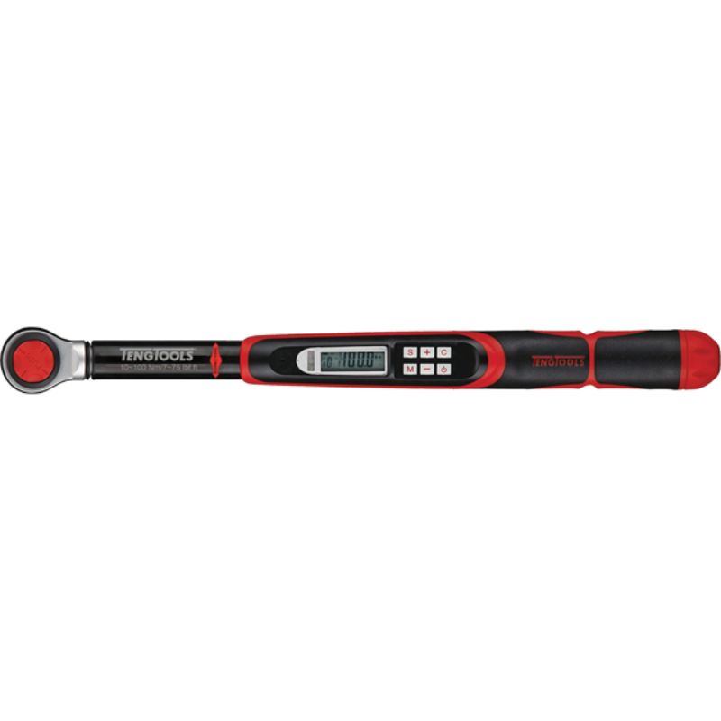 Digital torque wrench with 10-100Nm range, visual/audible alerts, nine settings, and compact design in a plastic case.