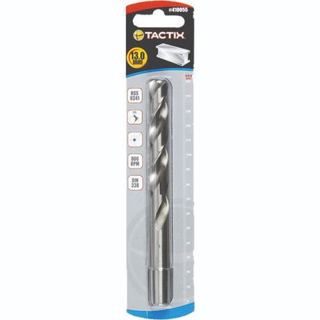 Tactix HSS Twist Drill 13mm, precision bit for steel and plastic, 135° split point, durable high-speed steel construction.