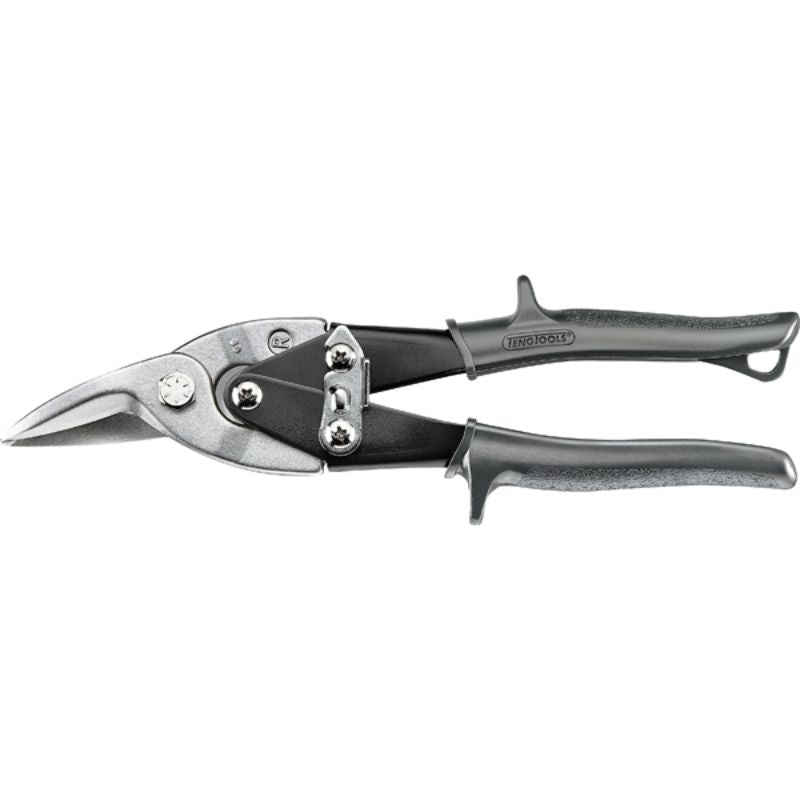 Teng 10in high leverage tin snip with serrated molybdenum steel blades and ergonomic grips for precise cutting.
