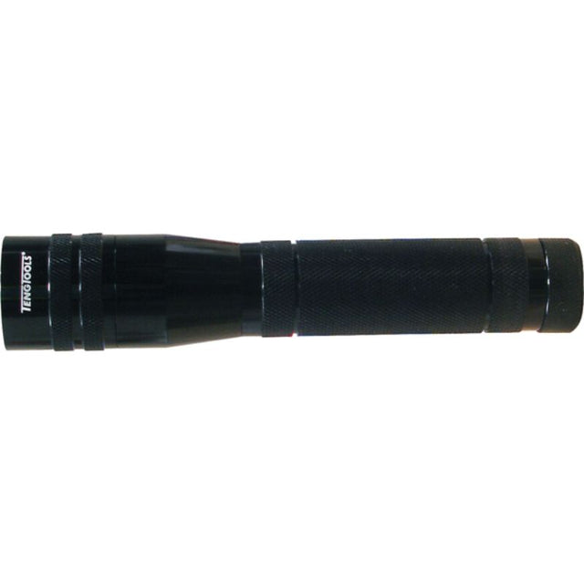 Compact Teng LED Torch (194mm, 3W) emits 130 lumens, perfect for camping, hiking, and emergencies; battery operated.