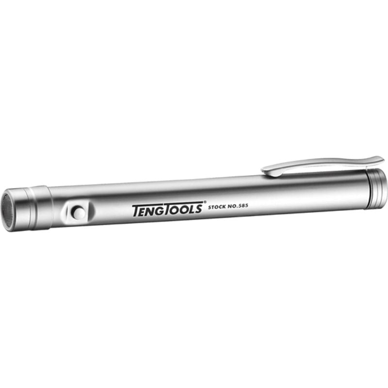 Sleek Teng LED Torch with satin chrome body, 30 Lumen output, ideal for camping and emergencies, powered by 2 AAA batteries.