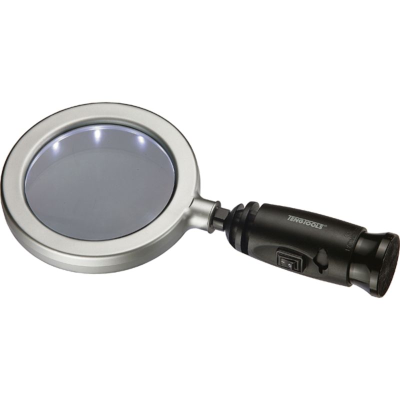 Hand-held 4in magnifier with 3x magnification, LED light, and 14 bulbs for clear viewing of small details.
