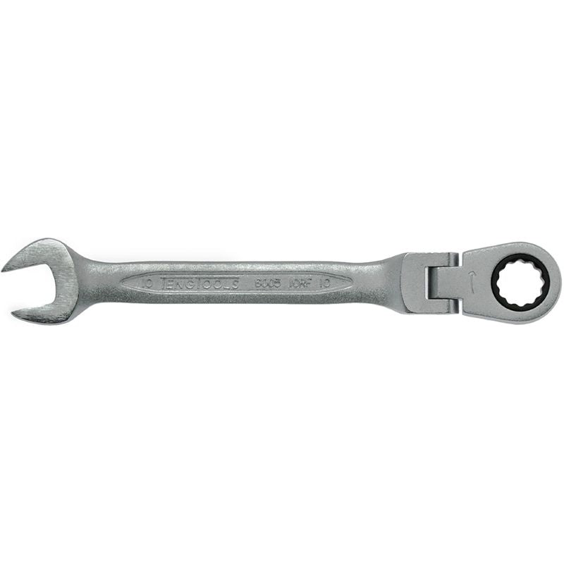 Teng 10mm flex-head ratchet spanner with 180-degree joint for tight spaces, 72-tooth design for precise torque application.