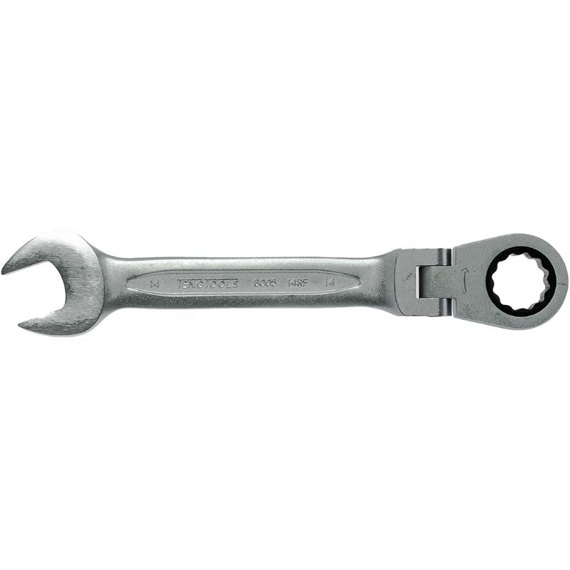 Teng Flex-Head Ratchet Combination Spanner 14mm with 180-degree joint, chrome vanadium steel, and 72-tooth design for tight spaces.