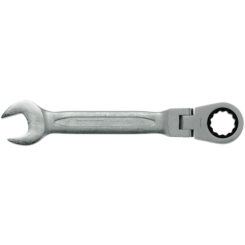 Teng Flex-Head Ratchet Comb Spanner 15mm with 180° flexible joint and 12-point ratchet, ideal for tight spaces and durability.