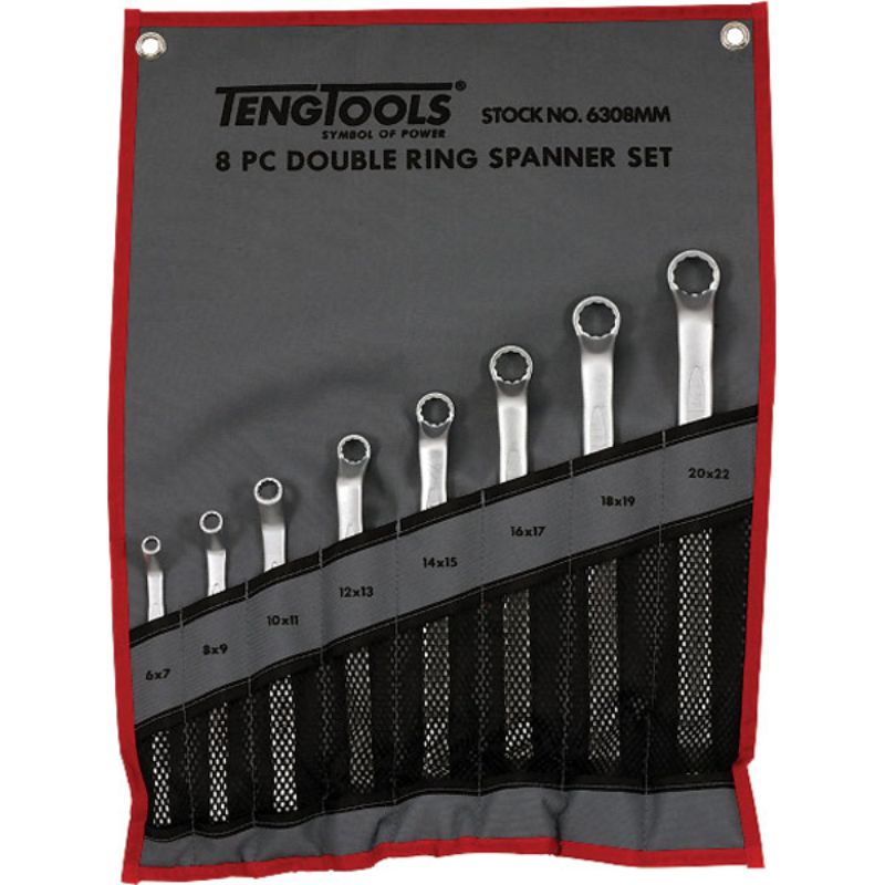 Teng 8pc Double Off-Set Ring Spanner Set in a canvas roll, featuring durable Chrome Vanadium and 75° offset design for tight spaces.
