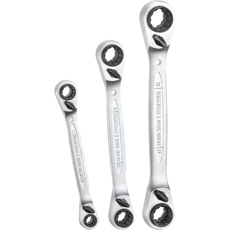 Teng 3pc Multi-Drive Ratchet Ring Spanner Set in chrome vanadium steel, featuring reversible 12-point sockets, sleek design, and nylon roll.