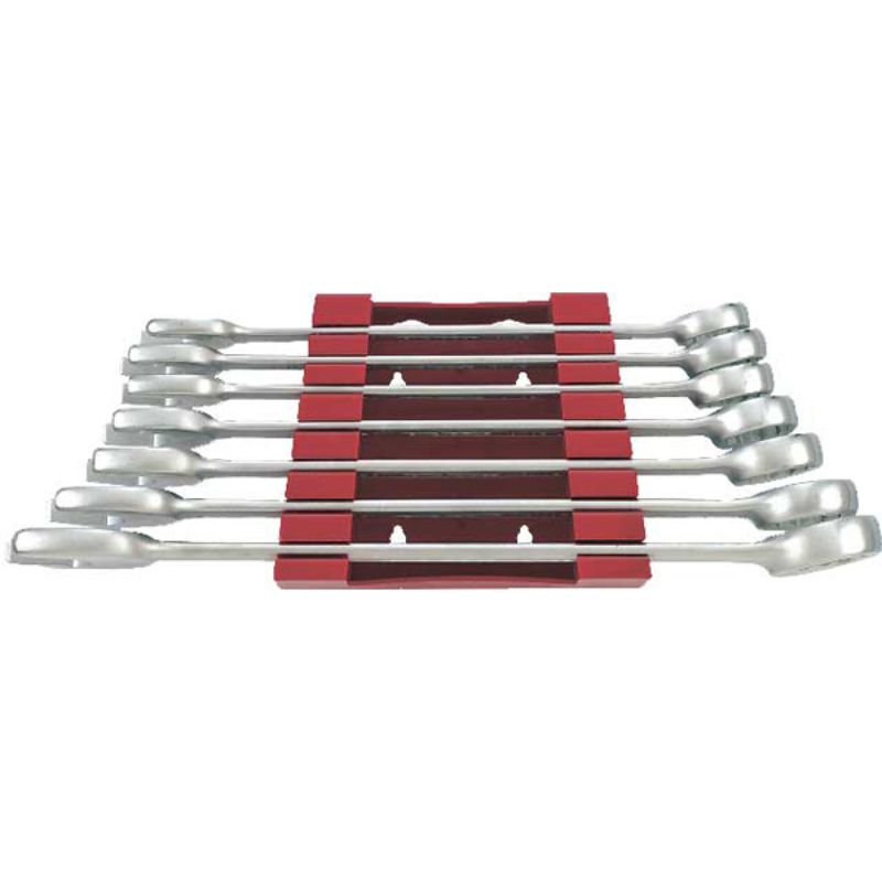 7pc Teng Combination Metric Spanner Set in plastic holder, sizes 33-50mm, chrome vanadium steel for durability and efficiency.
