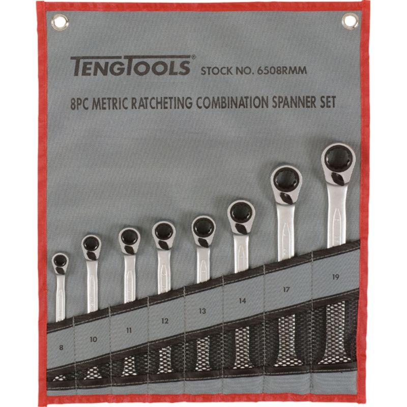 Teng 8pc Rev Ratchet Metric Spanner Set featuring durable chrome vanadium steel, 12-point ratchet design, and a sleek tool roll.