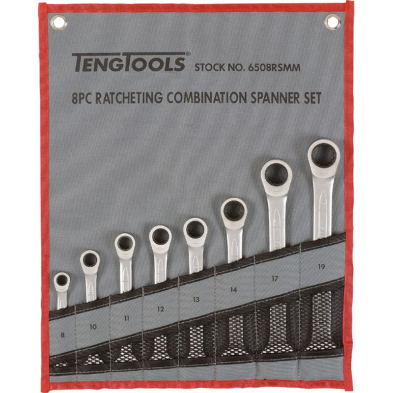Teng 8pc metric spanner set (8-19mm) with chrome vanadium, ratcheting design, and durable tool roll for easy organization.