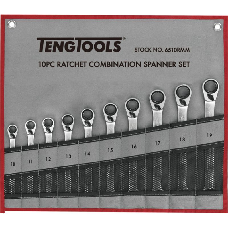 Teng 10pc Rev Ratchet Metric Spanner Set featuring durable chrome vanadium spanners, 12-point ring, and a handy storage wallet.