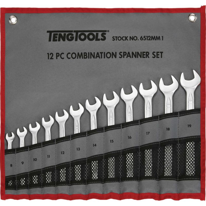 Teng 12pc Combination Metric Spanner Set in wallet, covering sizes 8-19mm, durable chrome vanadium steel, ideal for mechanics.