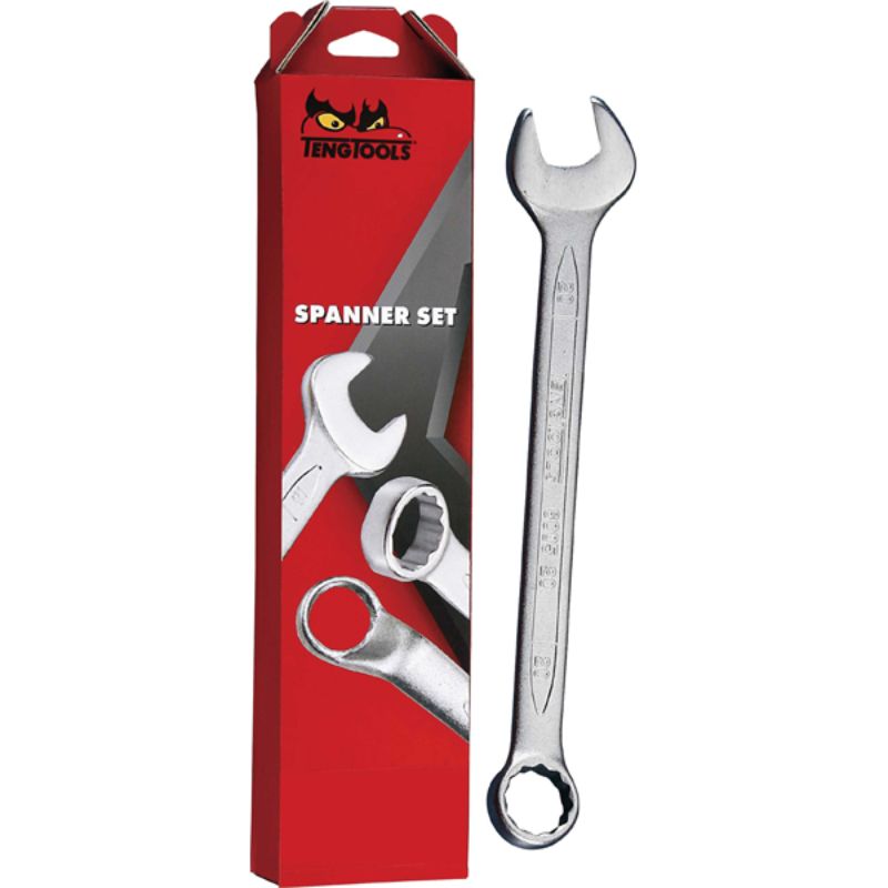 Teng 12pc Combination Metric Spanner Set, chrome vanadium, 8-19mm, 12-point ring heads, 15° angle, with satin finish.