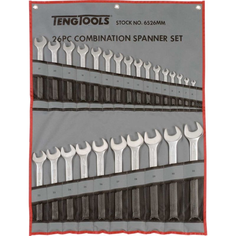 26-piece Teng combination spanner set with tool roll, made of chrome vanadium steel, featuring double-ended designs and 15° angled heads.
