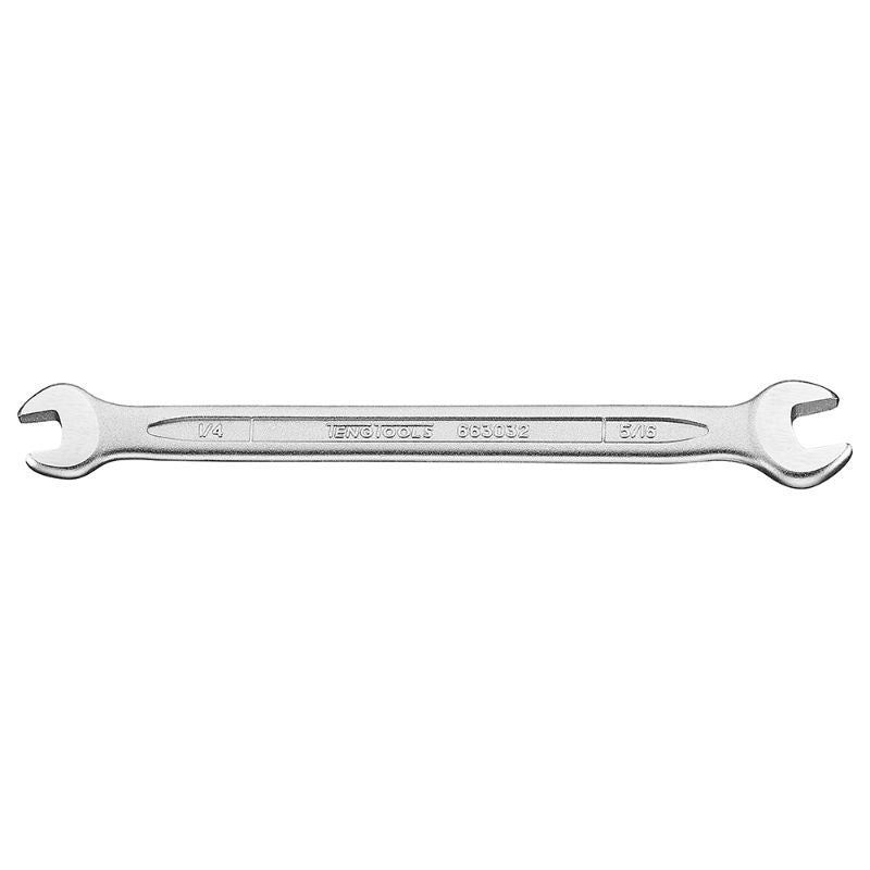 Teng Double Open-End Spanner 1-1/8 x 1-1/4 inches, featuring two sizes, 15° offset, chrome vanadium steel, and satin finish.
