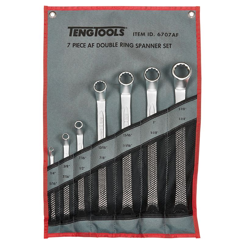 7-piece Teng double open-end spanner set with chrome vanadium steel, featuring 14 sizes and a portable tool roll wallet.