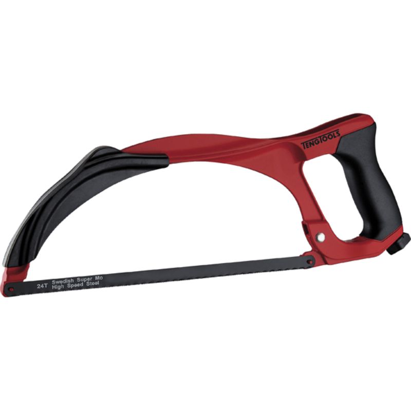 Teng 12in hacksaw with aluminium frame, ergonomic grip, and 45°/90° cutting angles, ideal for precision metal and plastic cuts.