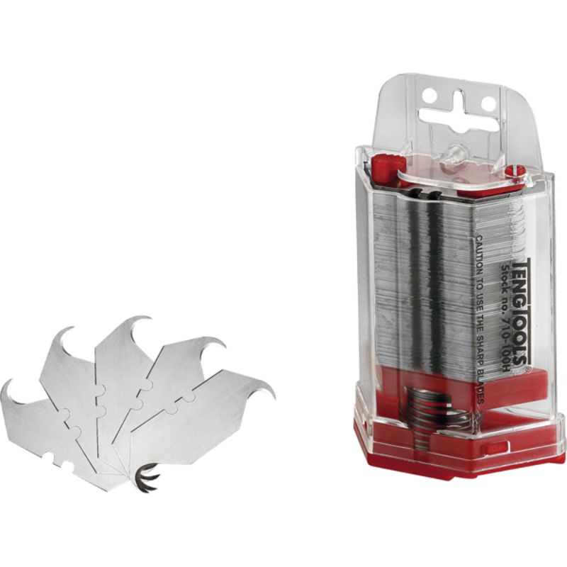 Teng 50mm Hook/Horn Utility Knife Blades in a 100-pack, housed in a spring-loaded dispenser for easy access and efficiency.