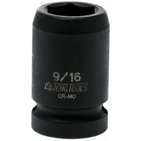 Teng 1/2in drive impact socket 9/16in, crafted from chrome molybdenum steel for strength and durability, ideal for tight spaces.