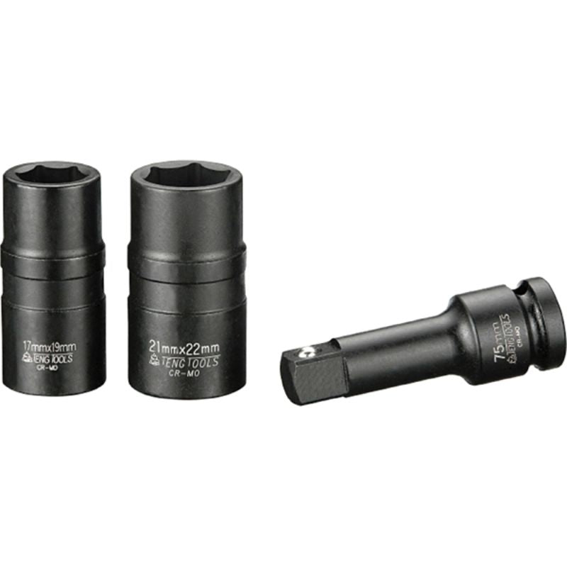 Teng 3pc wheel nut socket set with 17x19mm and 21x22mm sizes, includes 3in extension bar for easy access.