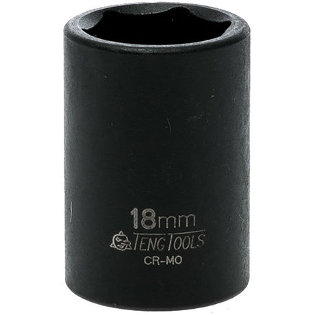 Teng 1/2in Dr. Impact Socket 18mm ANSI, durable steel socket for automotive and mechanical tasks, deep design for tight spaces.