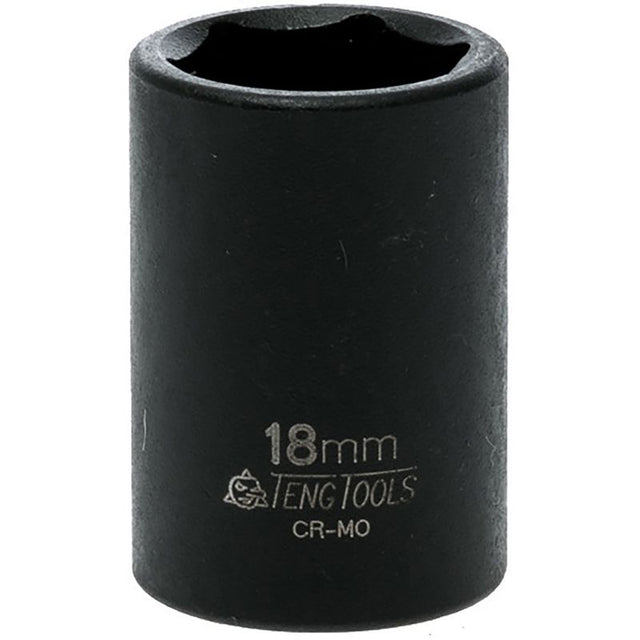 Teng 1/2in Dr. Impact Socket 18mm ANSI, durable steel socket for automotive and mechanical tasks, deep design for tight spaces.