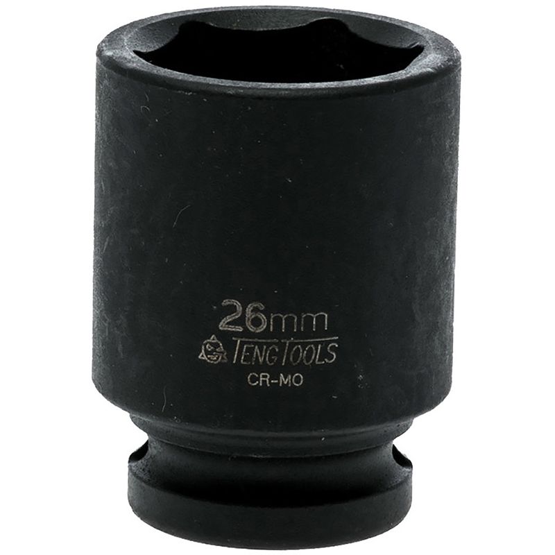 Teng 1/2in Dr. Impact Socket 26mm DIN, chrome-molybdenum steel, deep design for recessed fasteners, black phosphate finish.