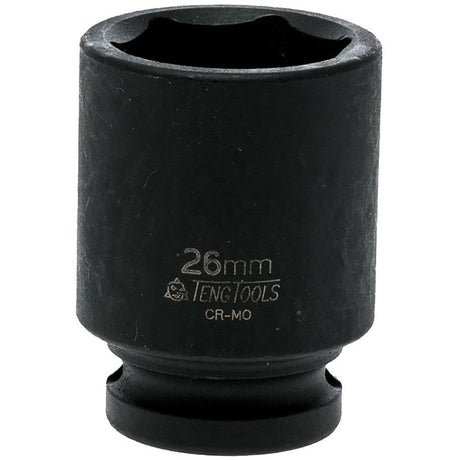 Teng 1/2in Dr. Impact Socket 26mm DIN, chrome-molybdenum steel, deep design for recessed fasteners, black phosphate finish.