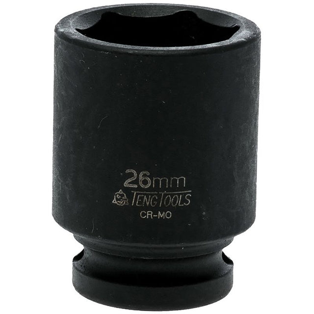 Teng 1/2in Dr. Impact Socket 26mm DIN, chrome-molybdenum steel, deep design for recessed fasteners, black phosphate finish.