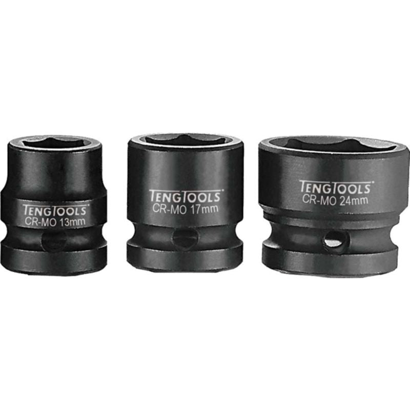 Teng 1/2in Dr. Stubby Impact Socket 15mm DIN, durable chrome vanadium steel, compact design for tight spaces, reliable performance.