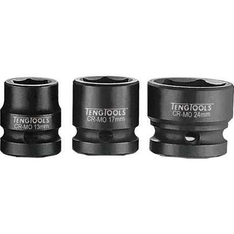 Teng 1/2in Dr. Stubby Impact Socket 18mm DIN, designed for high torque; compact for tight spaces, durable, and versatile tool.