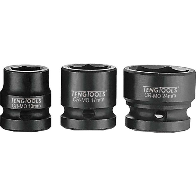 Teng 1/2in stubby impact socket, 19mm, designed for heavy-duty use in tight spaces; conforms to DIN standards for reliability.