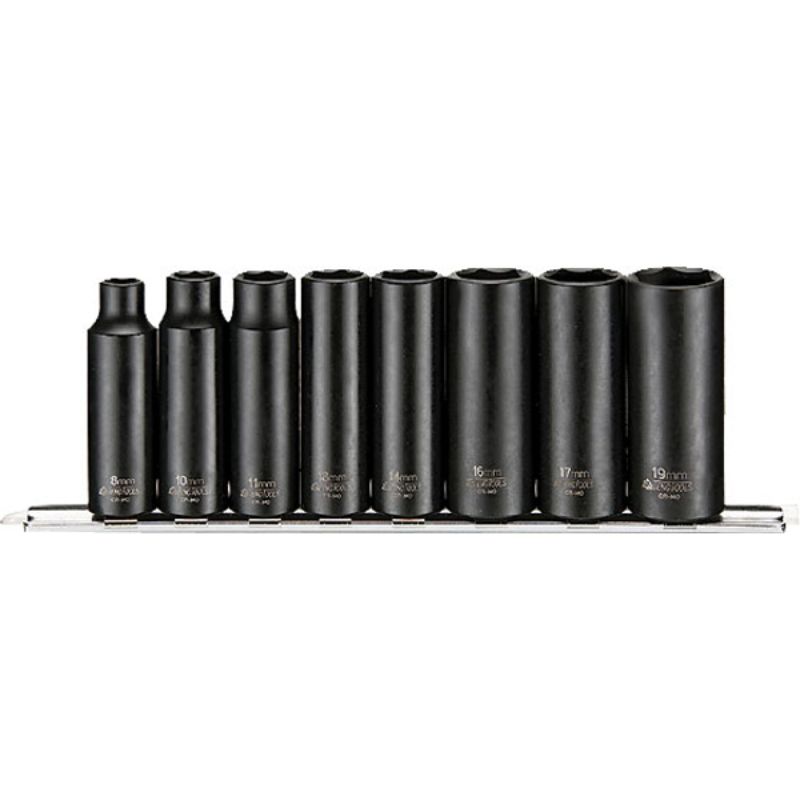 Teng 8pc 3/8in Drive Deep Impact Socket Set (8-19mm) with 6-point design, durable storage clip rail, ANSI compliant.