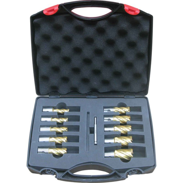 Holemaker Uni Shank Tinite Cutter 11pc Set featuring high-speed steel, titanium nitride coating, and universal shank for precision cutting.