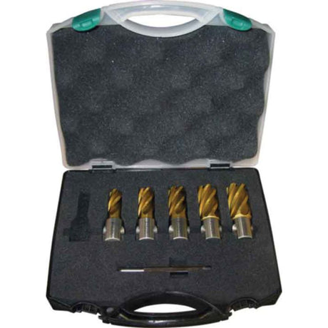 Set of 6 premium TiN-coated hole cutters in sizes 14mm to 22mm, designed for precision drilling and metalworking.