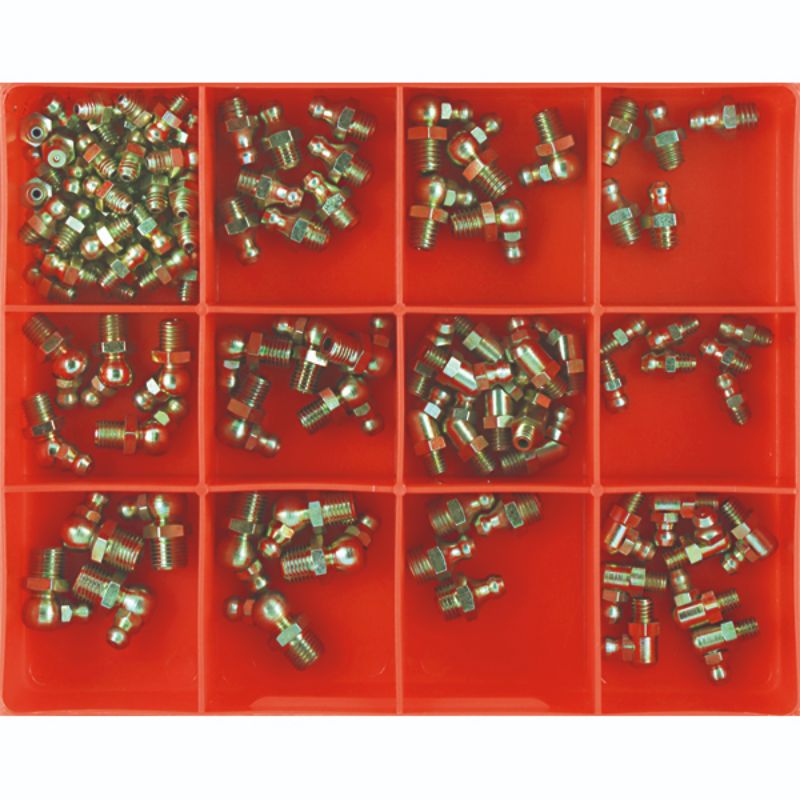 Champion 105pc Metric Grease Nipple Assortment featuring various sizes, angles, and durable materials for smooth machinery maintenance.