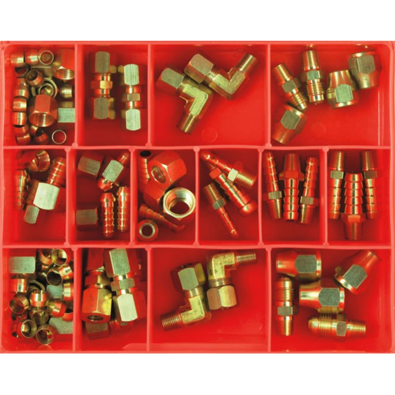 Champion 110pc Brass Adaptor Fittings Assortment, featuring 22 types of durable brass fittings for plumbing projects.