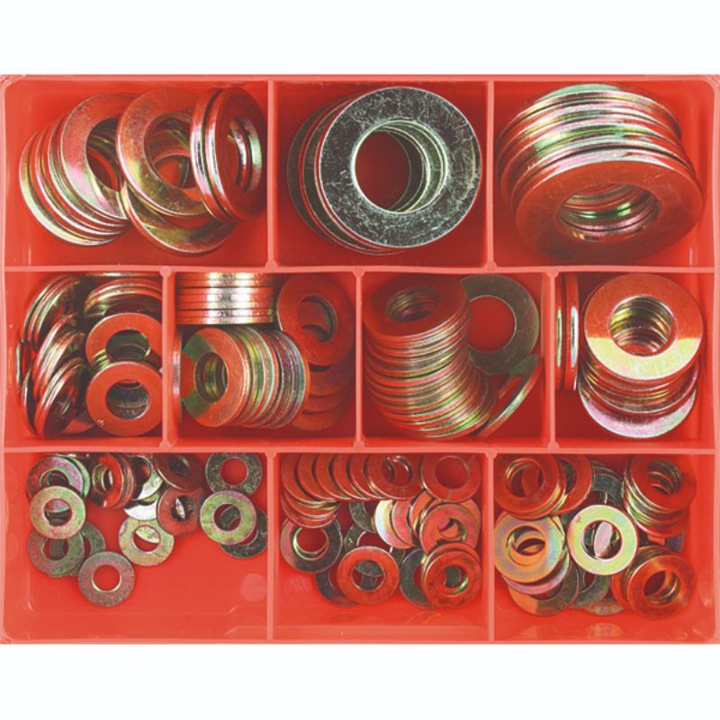 Champion 175pc flat washer assortment featuring zinc-plated high tensile steel washers in 10 sizes for reliable fastening.